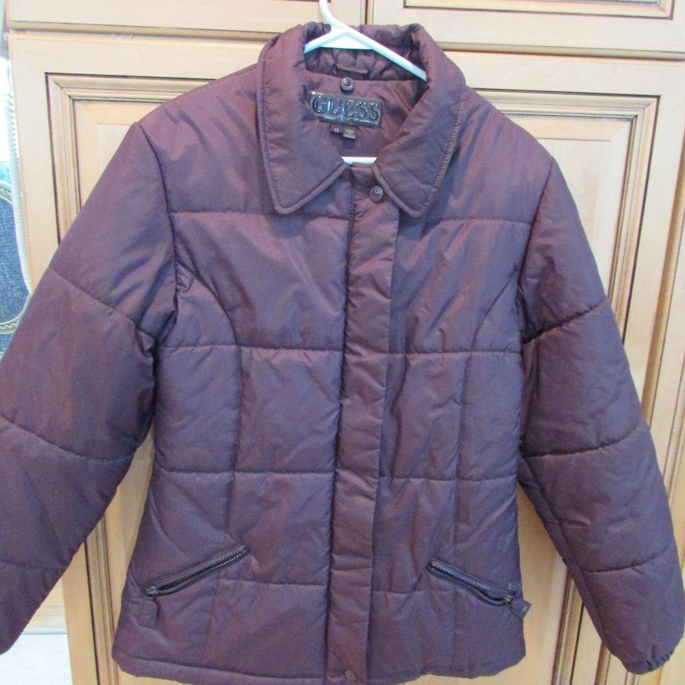 Guess Juniors Women Maroon Puff Jacket Zippered Pockets Polyester  Sz M